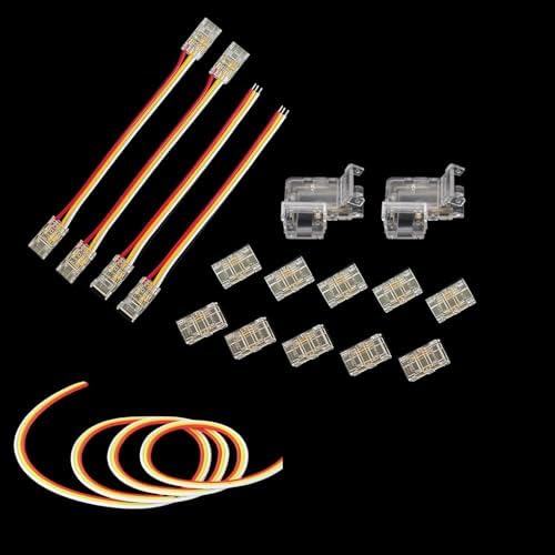 ENQIMAOYI 3 Pin 10mm LED Connectors for CCT COB LED Strip Lights Kit - Transparent Gapless, L T Type, Dual Ends Extension Connectors, 5M Extension Cable
