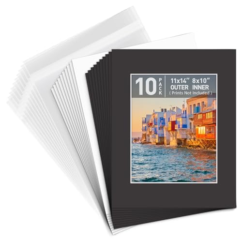Golden State Art, Pack of 10, Pre-Cut 11x14 Black Picture Mat Kit for 8x10 Photo, 10 White Core Bevel Cut Mattes, 10 Backing Boards and 10 Clear Bags