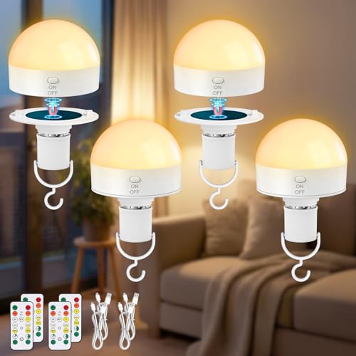 Kimjo E27 Rechargeable Bulb with Remote Control Set of 4-10W Rechargeable Bulb with USB Battery 3 Colours Dimmable – Magnetic Removable Bulbs with Battery Lamp for Camping
