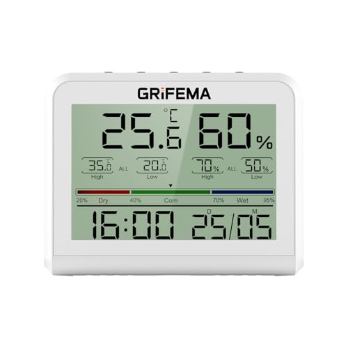 GRIFEMA GA2901, Termometro Igrometro Digitale, Igrometro Umidità Casa con Retroilluminazione, Registrazione Max/Min, Orologio/Data, Ideale per Casa/Serra, Bianco