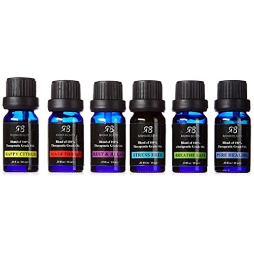 Radha Beauty Essential Oils 6 Blend set for Aromatherapy - 100% Pure Therapeutic Grade Four Thieves, Stress Free, Rest & Relax, Breathe Easy, Pure Healing, Happy Citrus, Gift Set - 6/10 ml