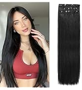 DOCUTE Natural Black Clip in Hair Extensions Black Women 4 Pieces, Full Head Long Straight Hair E...