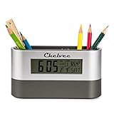 Chelvee Multi-functional Alarm Clock Pencil Holder,With Big LED Backlight Electronic Calendar Snooze Alarm Clock,Two Holes Brush Pot,Office & Home Desktop Stationery Container.