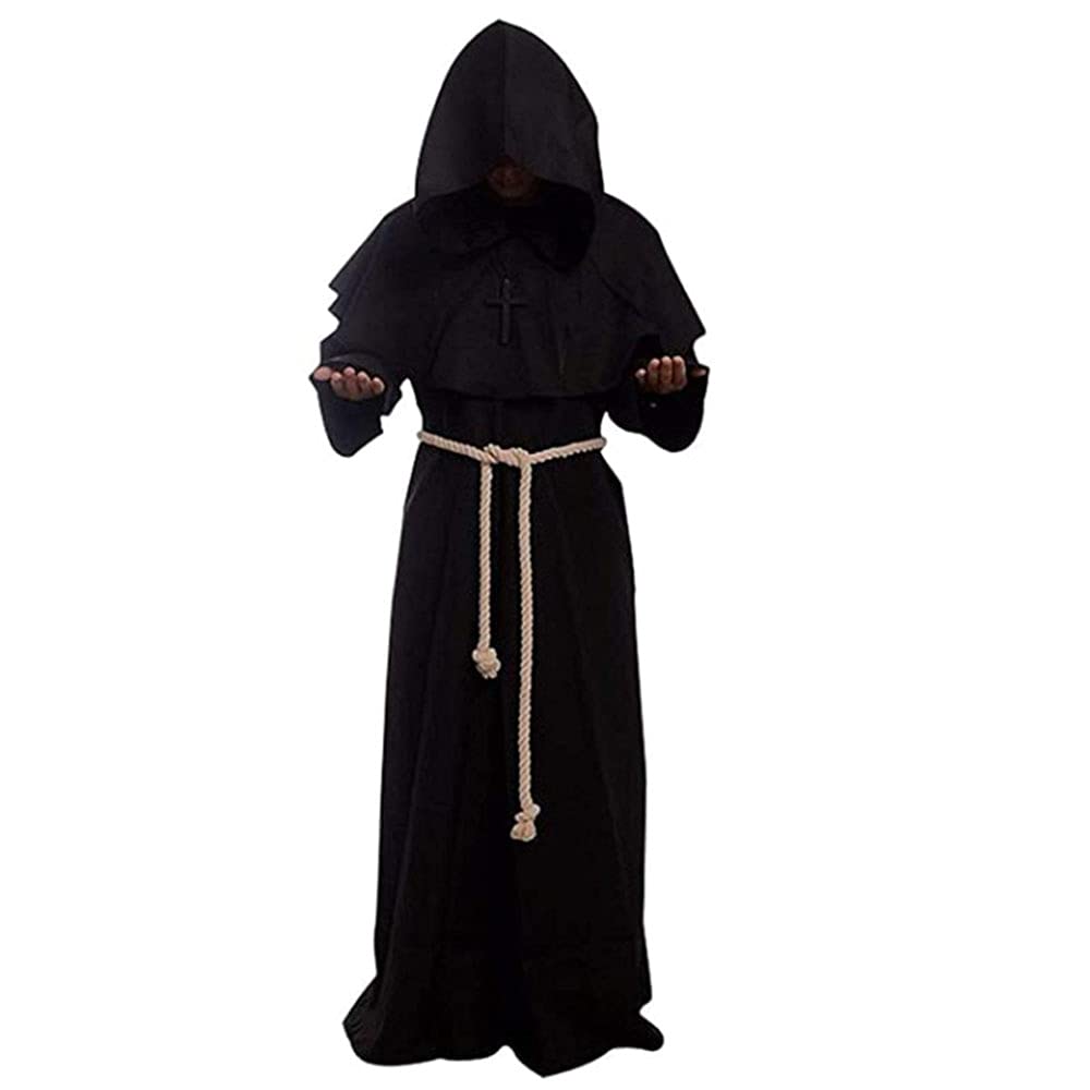 YJZQ Medieval Friar Hooded Monk Costume Renaissance Priest Robe Cape Death Wizard Cloak Pastor Outfit Knight Gothic Halloween Performance Cosplay Costume