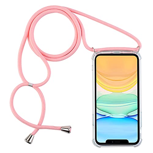 PuYu Zhe Compatible With iPhone 13 Pro Case,Clear Transparent TPU Silicone Shell,Crossbody Slim Stylish Shockproof Cover,Adjustable Neck Cord Lanyard-Pink