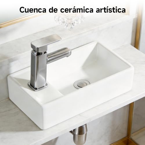 Lavabo de Baño Suspendido de Cerámica Blanca, Medidas 41.5×29×10cm, Diseño Moderno, Ahorra Espacio, Fácil de Instalar para Baño Doméstico