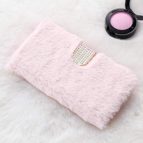 for iPhone 7 Plus iPhone 8 Plus Case Luxury Faux Fur Flip Case LAFUNDA Super Soft Cover Cute Fluffy Furry Folio Shockproof Cover with Chic Bowknot Bling Crystal Love Heart Diamond Pink
