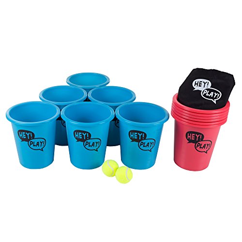 Hey! Play! Large Beer Pong Outdoor Game Set for Kids and Adults with 12 Buckets, 2 Balls, Tote Bag, Blue and Red