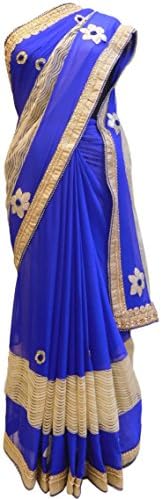 SMSAREE Blue &amp; Cream Designer Georgette (Viscos) Hand Embroidery Zari Pearl Stone Work Saree Sari AZSAC468