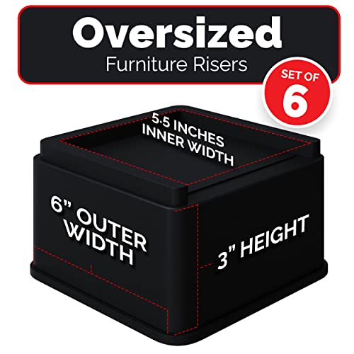 iPrimio Oversized Bed Risers Square, 3 Inch Lift, Heavy Duty, 6 Pack