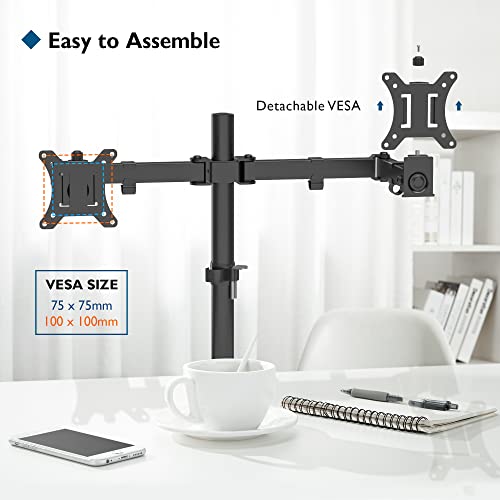 BONTEC 2 Screen PC Monitor Stand for 13-32 Inch Monitors, Height Adjustable PC Monitor Arm, Rotatable and Swivel, Tilt, Maximum Load of 10 kg per arm, 2 Mounting Options, VESA 75/100