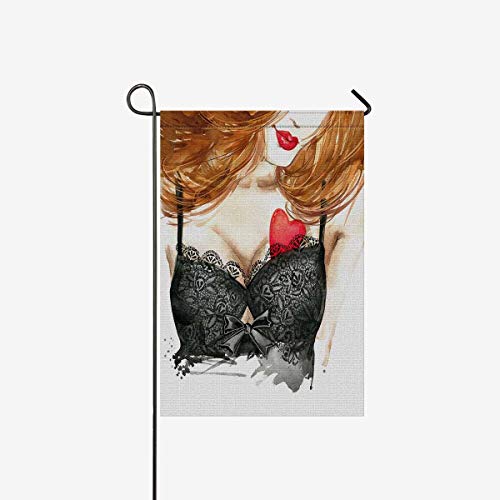 TAOGAN Fashion Watercolor Sexy Woman with Lace Lingerie and Love Heart Double-Sided Garden Flag Decorative for Garden and Home Decorations, Polyester House Banner 12 x 18 Inches (Without Flagpole)