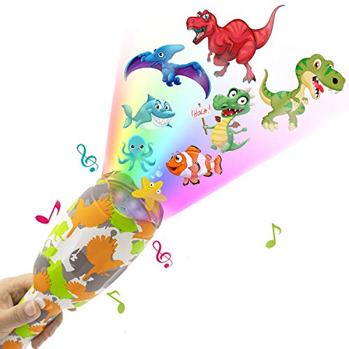 weird tails Projector Flashlight Baby Toys Animal Dinosaurs Toy Slides Sleep Preschool Toys with 8 Patterns Light Show Musical and Educational Toy for Kids Boys and Girls