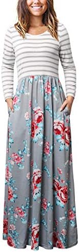 FANSIC Womens Long Sleeve Floral Printed Pleated Swing Midi Dress Pockets