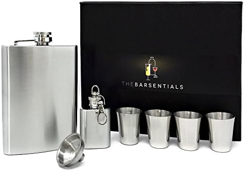 8oz Hip Flask for Liquor Gift Set with Extra 1 oz Flask Stainless Steel 4 Shot Glasses and Funnel for Men and Women from TheBarsentials (Silver)