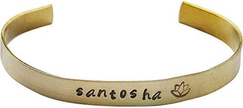 Santosha Lotus Cuff Bracelet Hand Stamped Mantra Yoga Jewelry 1/4" Brass