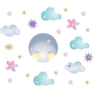 Easu Moon Sticker Clouds Wall Decals Stars Wall Decals Kids Room Wall Decor Smiling Clouds Wall Sticker Removable Wall Art Decor