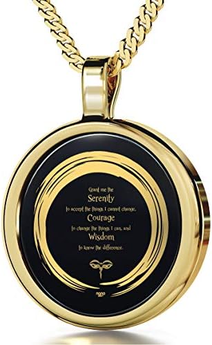 Serenity Prayer Necklace for Men or Women Inspirational Zen Circle Symbolic Pendant Inscribed in 24k Gold with Inspiring Message of Hope onto Round Black Onyx Gemstone, 18" Chain