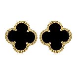 Women Sterling Silver Flower Shape Black Onyx Diamond Fashion 18K Gold Plated Four 4 Leaf Clover Stud Earrings, Designer Jewelry