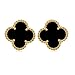 Women Sterling Silver Flower Shape Black Onyx Diamond Fashion 18K Gold Plated Four 4 Leaf Clover Stud Earrings, Designer Jewelry