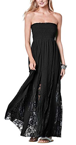 Jusfitsu Women's Tube Top Strapless Floral Lace Evening Party Dress Cotton Long Maxi Dresses Black XL