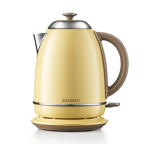 BUYDEEM K640 Stainless Steel Electric Tea Kettle with Auto Shut-Off and Boil Dry Protection, 1.7 Liter Cordless Hot Water Boiler with Swivel Base, 1440W (Mellow Yellow)