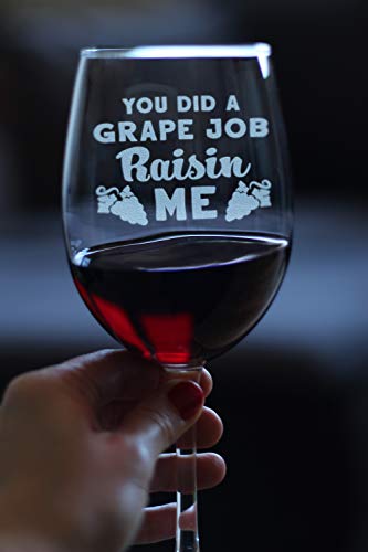 Grape Job Raisin Me | Wine Glass with Stem for Mom | Cute Funny Wine Gift Idea | Unique Personalized Glasses for Mother's Day or Birthday