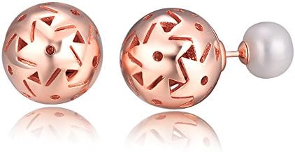 Mariafashion Double Sided Bling Round Shiny Pearl Balls 925 Sterling Silver Studs Tribal Earrings