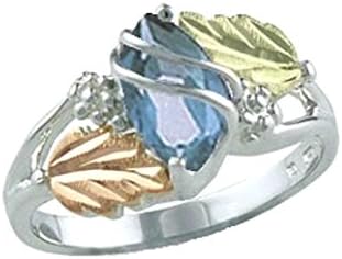 Marquise Synthetic Aquamarine March Birthstone Wrap Ring, Sterling Silver, 12k Green and Rose Black Hills Gold with Jewelry Gift Box