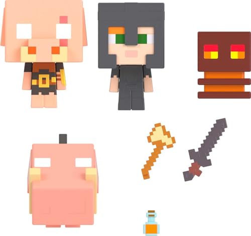 Minecraft giocattoli - Set Mini Teste Mob con 4 personaggi e accessori, Set Scontro a Fuoco nel Nether, giocattolo e regalo per bambini 6+ Anni, HKR59