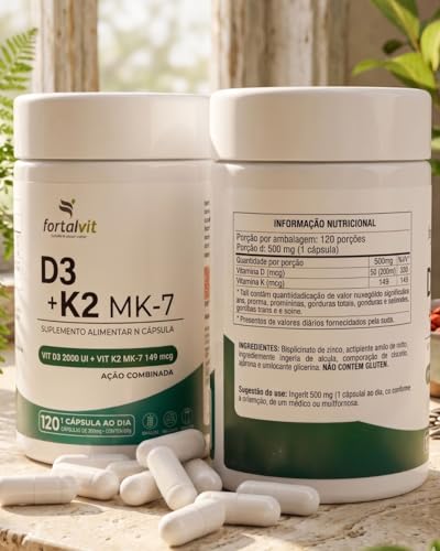 Vitamina D3 + K2 120 Cápsulas 4 Meses de Uso Longa Duração, 2000UI D3 149mcg Vitamina K2 MK-7, Fortalvit