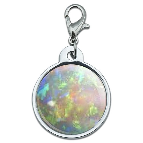 Chrome Plated Metal Small Pet ID Dog Cat Tag Celebration Party Birthday - Opal October Birthstone - Faux Resin