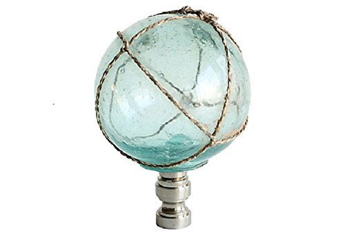 Netted Aqua Glass Lamp Finials on Brushed Nickel Bases - A Pair