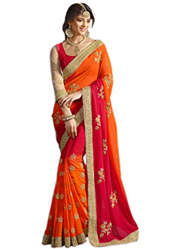 Try n Get's Orange and Red Color Georgette Designer Saree