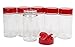 Baire Bottles 8 oz Empty Clear Plastic Spice Jars Shaker Lids 6 Pk Sifter Shaker Holes and Pour Open Sides Sealed for Freshness Liners BPA Free Waterproof Labels USA (Red Flapper Lid, Damask Labels)