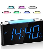 Digital Alarm Clock for Bedrooms, 7.5'' Large LED Display Electric Clock with 2 USB Chargers, 7 Color Night Light Alarm Clock, 0-100% Dimmer, 12/24 H & DST, Adjustable Volume, Big Snooze, Battery Backup, Simple Basic Plug in Loud Alarm Clock for Heavy Sleepers Kids Teens Boys Girls Elderly Seniors, Home Living Room Kitchen Desk Shelf Bedside Nightstand, Office Travel (Blue)