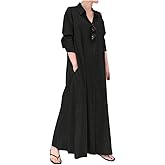 Ladyful Women's Button Down Cotton Linen Shirt Dress Long Sleeve Maxi Shirtdress Beach Summer Dress Pockets