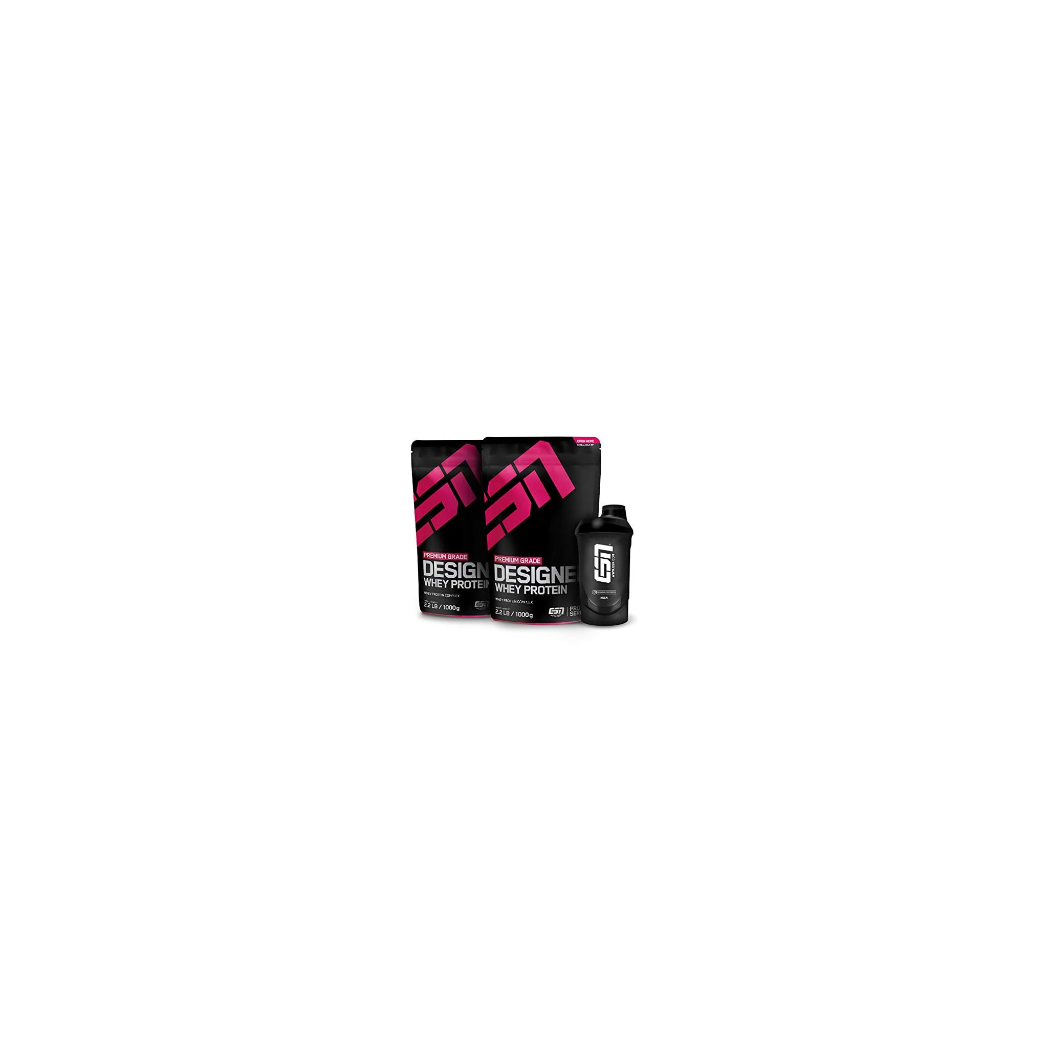 ESN Designer Whey Proteinpulver + Gratis Shaker, Vanille, 2 x 1 kg, bis zu 23 g Protein pro