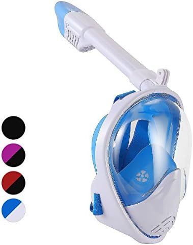 Newest Version Full Face Snorkel Mask 180° Panoramic Sea View Anti-fog Anti-leak Snorkeling Mask with Action Camera Mount and Soft Adjustable Head Straps For Kids and Adults (White/Blue, L/XL)
