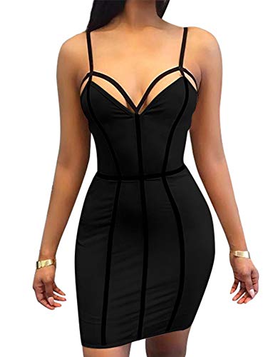 TOB Women's Sexy Bodycon Spaghetti Strap Sleeveless Patchwork Mini Club Dress Black