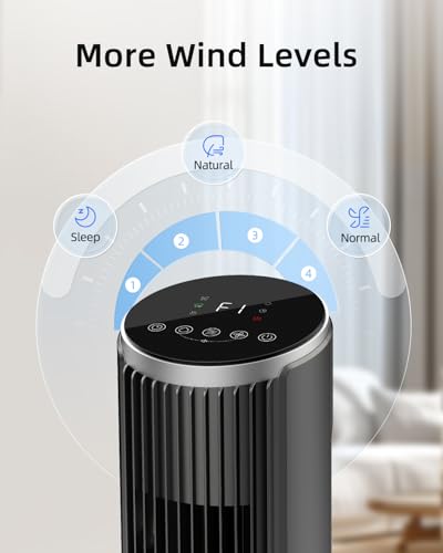 Ateroll Silent Tower Fan, Electric Cooling Fan, 90° Oscillating Bladeless Fan with Remote, 4 Speeds 3 Modes 12H Timer LED Display, Energy Efficient Standing Fan for Home Office, Black Fan