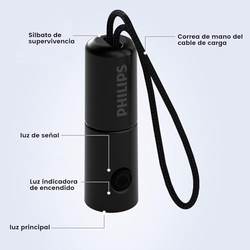 PHILIPS SFL1126 Linterna LED Recargable, Linterna Portátil con Silbato de Supervivencia, 300 Lúmenes Mini Flashlight, Multiusos para Lectura, Paseo de Perros, Emergencia