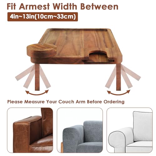 Comfoyar Sofa Arm Tray, Wooden Table Armrest Clip Sofa with Wine Glasses Holder, Folding Sofa Table with Phone Holder Rotatable 360°, Sofa Tray for Appetizers Drinks Remote Control