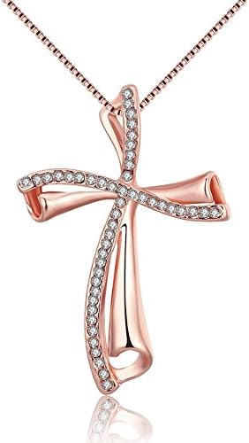 Rose Gold Tone CZ Pave Swirl Religious Cross Pendant Necklace with Adjustable Chain