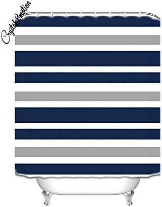 Crystal Emotion Navy Blue, Gray and White Kids Bathroom Fabric Bath Teen Stripe Shower Curtain,70x72inch