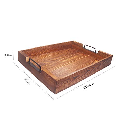 Rustic Large Tray with Handles 20-Inch, Wooden Serving Trays, Distressed Torched Wood Tray, Farmhouse Wood Butler Platters for Serve Breakfast, Appetizer, Coffee, Bar, Food, Party