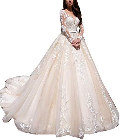 LanBen Pretty Ball Gown Empire Chapel Train Plus Size Long Sleeve Lace Wedding Dress for Bride 2019