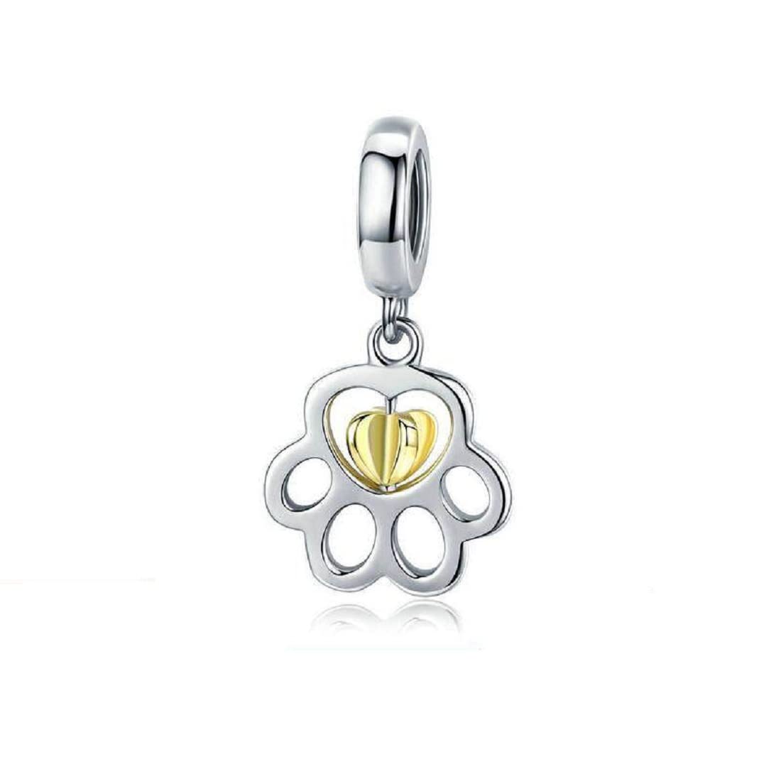 FeatherWish Sterling Silver 925 Charm Dog Cat Paw Print Love Heart Gold Spinner Pet Animal Family Pendant Dangle Fits And Compatible With Pandora Bracelets Gift For Daughter Mum (Gold Heart)