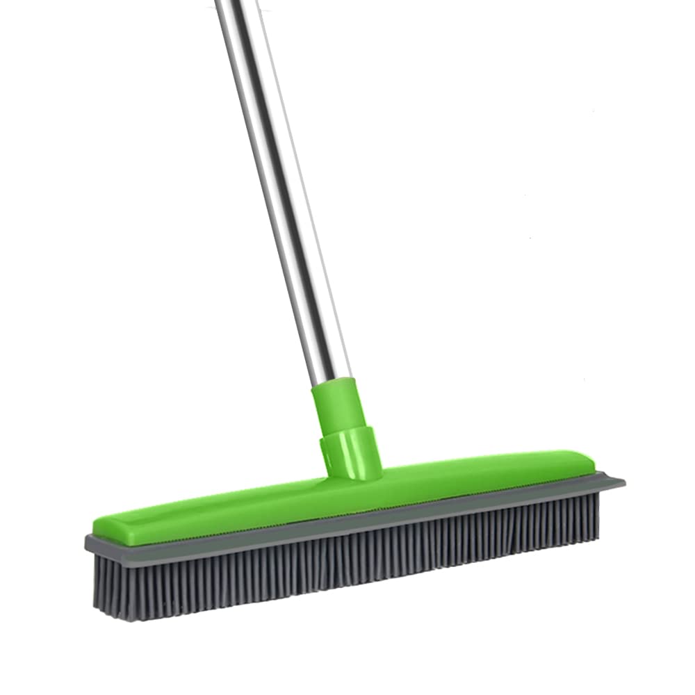 Rubber Broom with 50 Inch Long Handle Artificial Grass Brush with Squeegee Carpet Brush Pet Hair Broom Indoor Outdoor for Pet Cat Dog Hair Carpet Floor Tile Kitchen Bathroom Bedroom