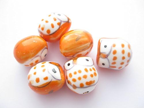4 Handmade OrangeRed Famille Rose Porcelain Owl Beads 17mm x 15mm. PB011